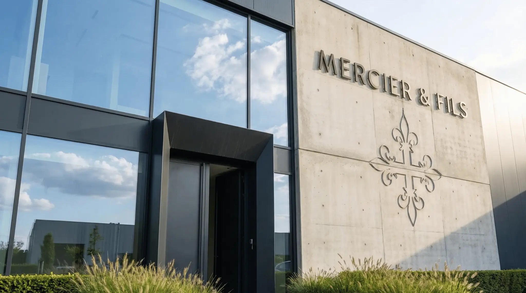 Façade du siège social Mercier & Fils, bâtiment contemporain béton et verre avec logo et emblème de la marque