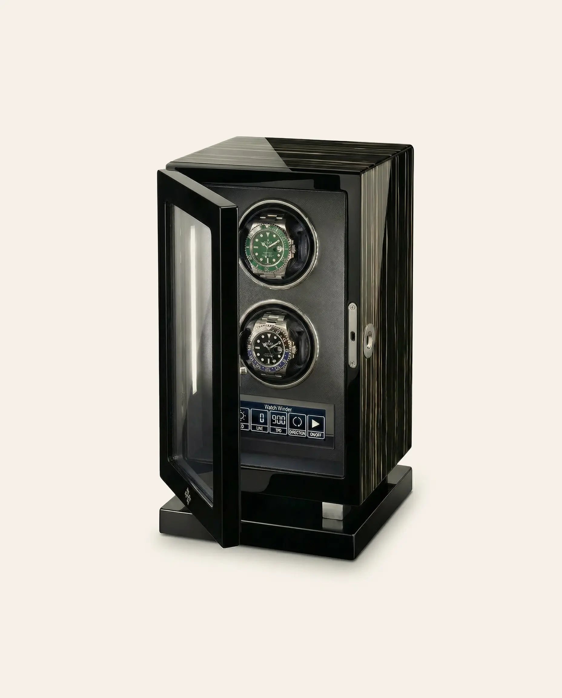 Remontoir montre automatique Mercier & Fils Rivoli II pour 2 montres, finition ébène brillant, porte vitrée ouverte sur modules de remontage et écran tactile TPD